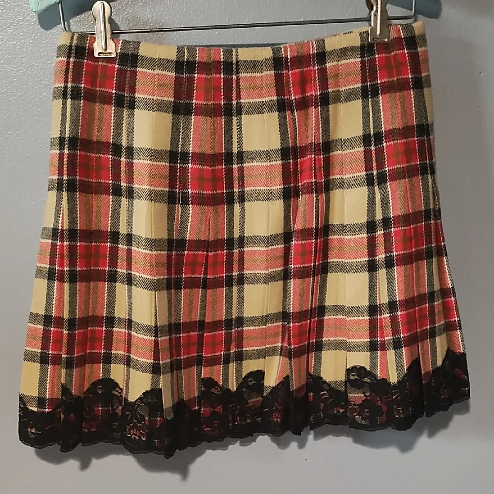 Moda International Red , Tan ,Black And White Pleated Plaid Mini Skirt